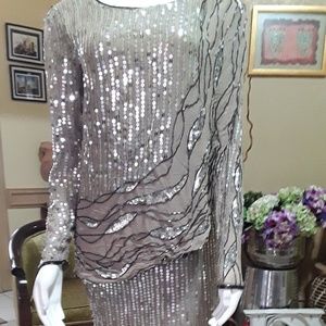 Silver Gray Sequin Long Evening Dress by Diva